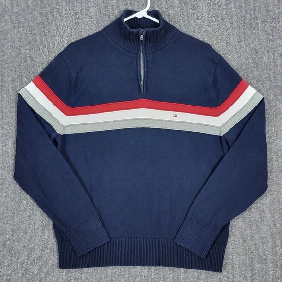 Tommy Hilfiger Sweater Mens XL Navy Long Sleeve 1/4 Zip Cotton Pullover - Picture 1 of 11